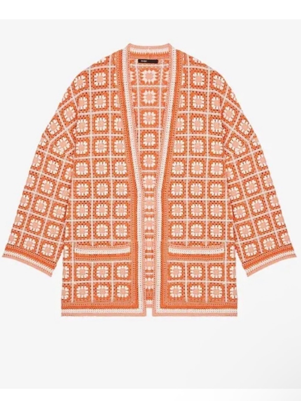 Maje Mathiou Cotton Fringe Orange White Crochet Knit Cardigan Sweater - Picture 4 of 7